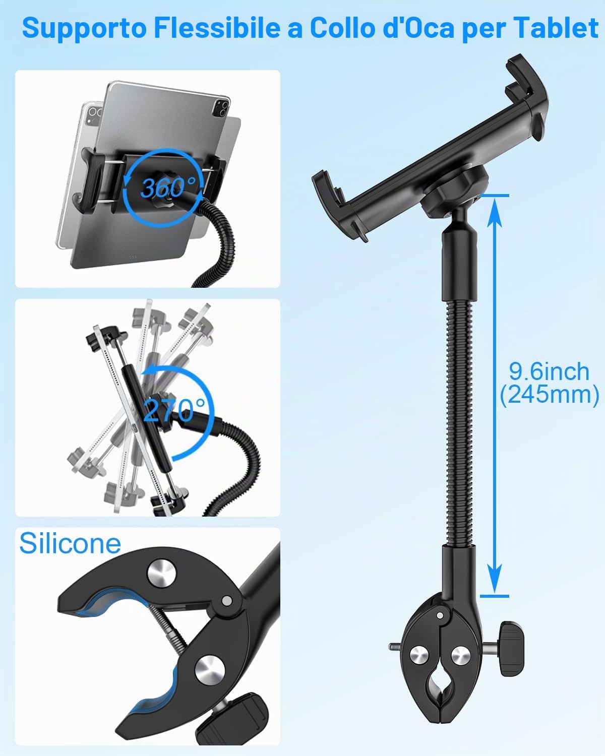 Supporto Tablet Cyclette Bici per 4-13" Tablet Cellulare, Porta Tablet Tapis Roulant, Supporto Tablet a Collo di Cigno Robusto e Flessibile, Collo Oca Porta Tablet Spinning Bicicletta