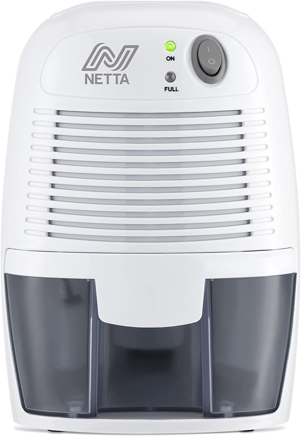 NETTA Mini Dehumidifier showing its compact size and water extraction capability.
