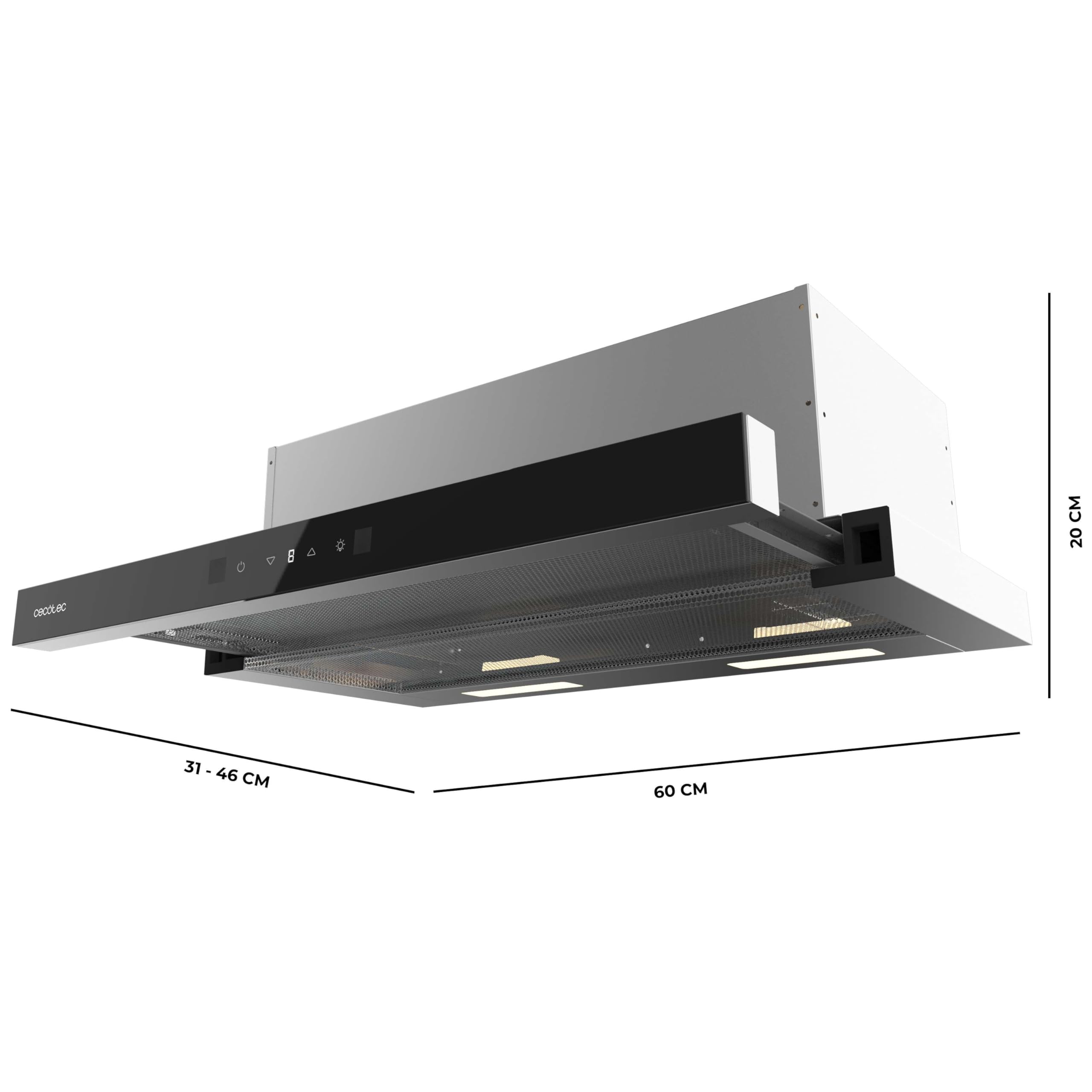 Cecotec Okap teleskopowy 60 cm Bolero Flux TLT 604400 Glass Black A+++. Ssanie 431,2 m³/h, niskie zużycie prądu, silnik DC, kontrola ruchu i dotyk, szkło przednie czarny, korpus ze stali nierdzewnej