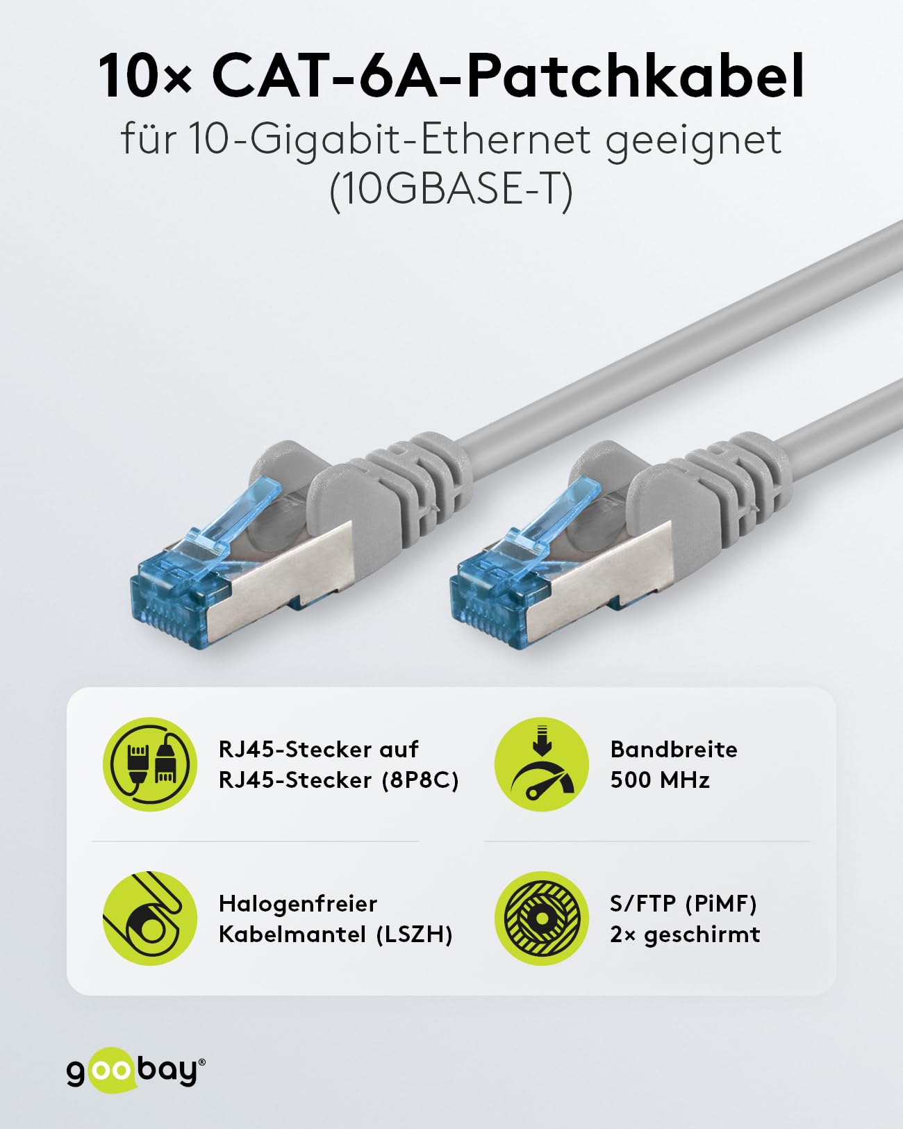 goobay 66024 CAT 6A Network Cable in Set of 10/Patch Cable Shielded S/FTP/CU Ethernet Cable, PiMF - Image 2