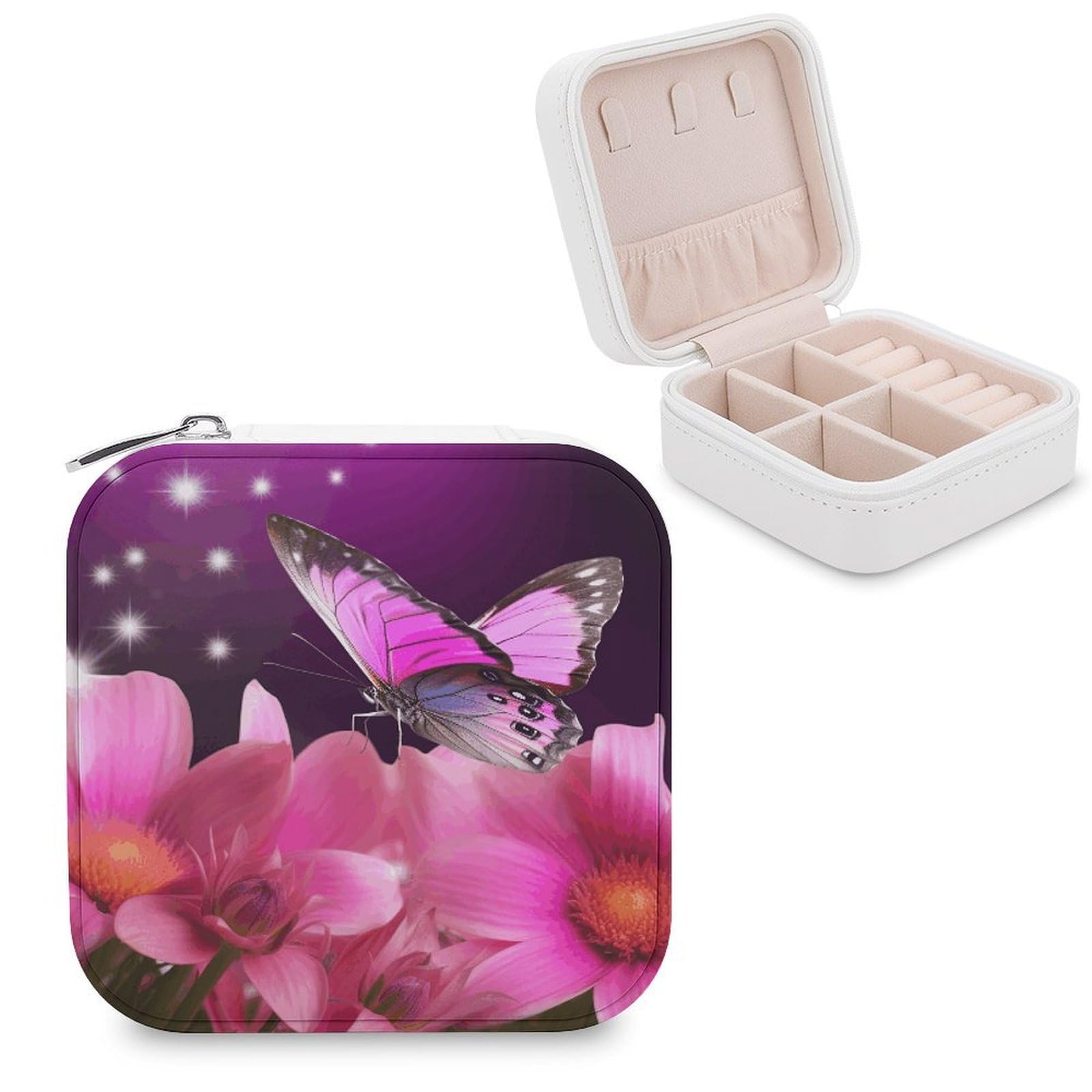 JTREHY Pink Flower And Butterfly Jewelry Box Personalized PU Jewelry Box Exquisite Jewelrys Organizer Case Small Portable Jewellery Storage Holder for Rings Earrings Necklaces Gifts