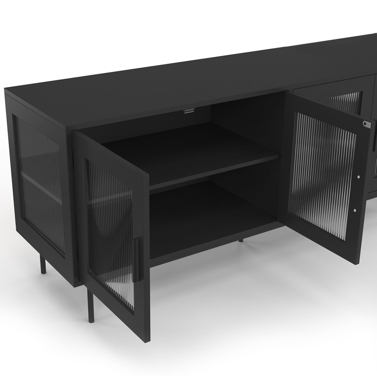 IDMarket - Buffet 140 cm ZINEB 4 Portes vitrées façade cannelée Noir