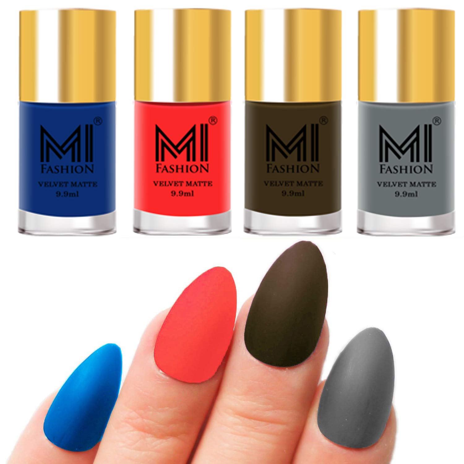 MI FASHION Velvet High Finish Matte Nail Polish Combo Set Radiant Nails 9.9ml Each Navy Blue, Neon Orange, Olive Brown, Grey (Pack Of-4)-image-3