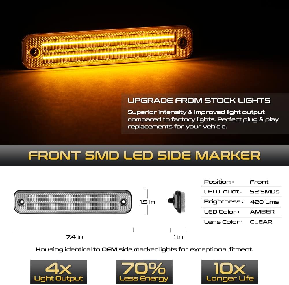 VIPMOTOZ Front Amber Full LED Side Marker Lights Lamps Compatible With 2003-2009 Hummer H2 Clear Lens Chrome Housing Driver & Passenger Side Pair Set