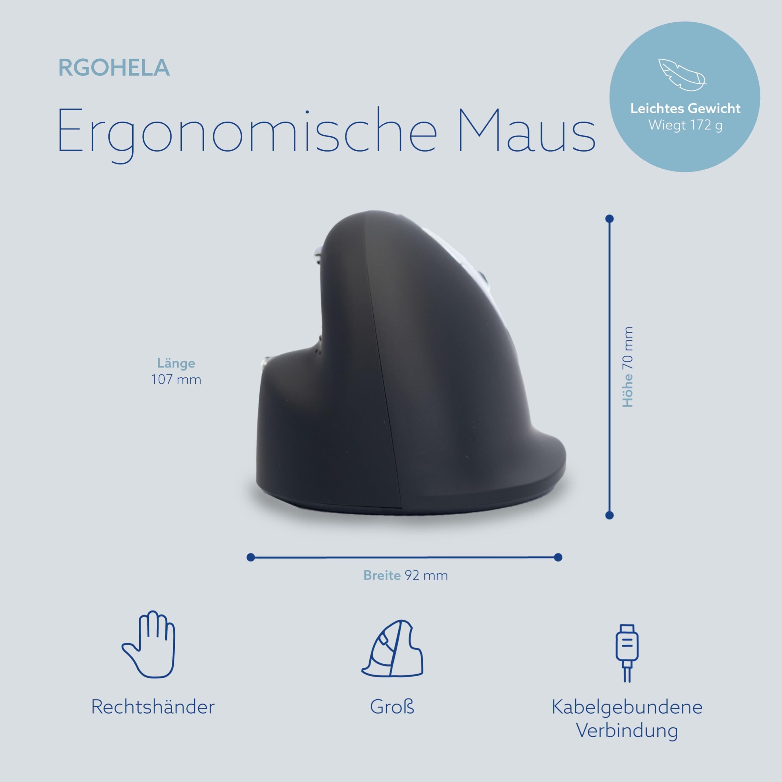 R-Go HE Ergonomische Maus, Für große Hand, Mit Break-Software, Stilles Klicken, (USB C Kabelkabelgebunden + USB A Konverter), 2400DPI, 5 Tasten, Vertikale Ergo Maus für Windows/MacOS