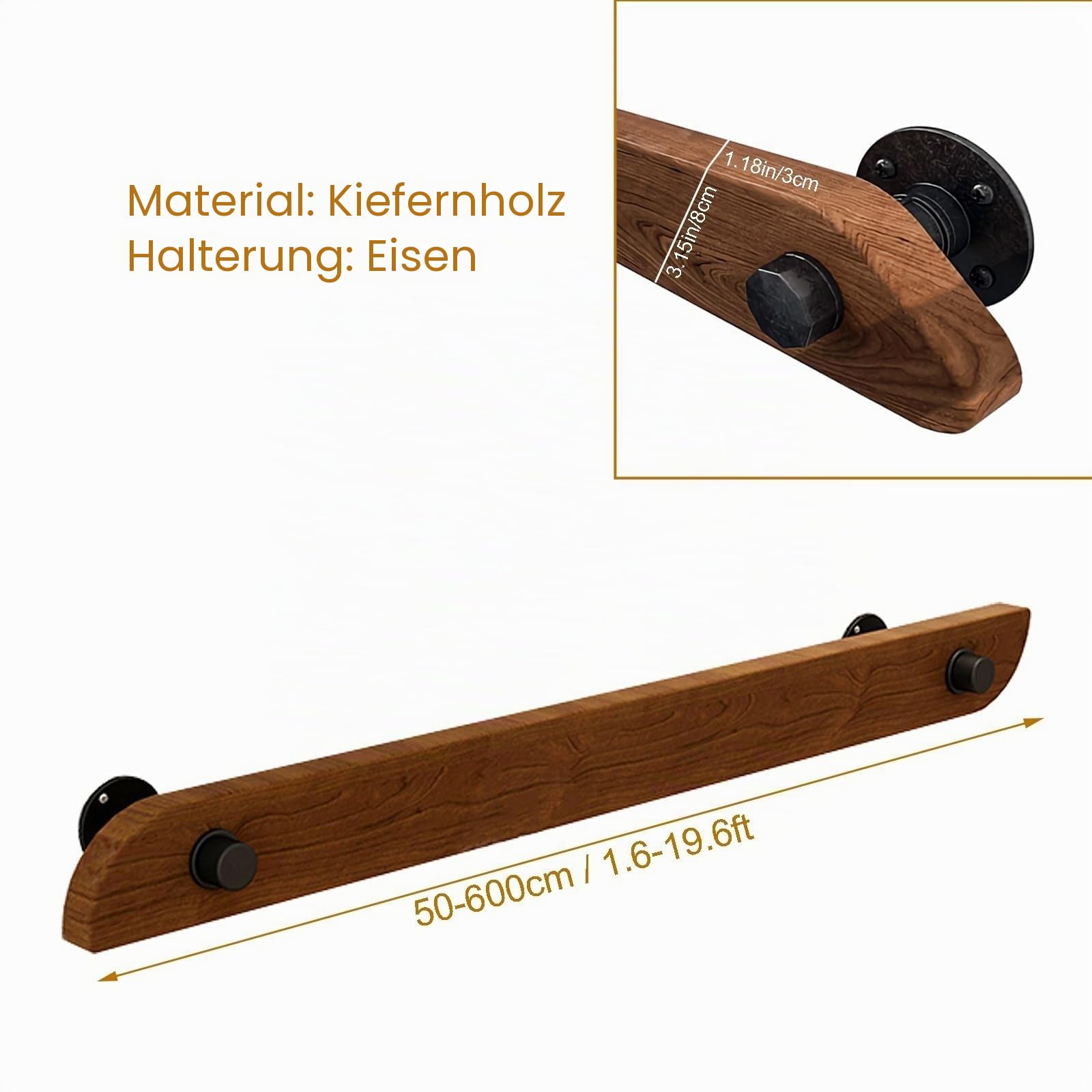 Holz Handläufe für Treppen, Rutschfeste Indoor-Treppen Weiß Handlauf, Wandmontage Handlauf Mit stabilem Metallbügel, Barrierefreie Treppe Haltegriff für ältere Menschen(Brown,100cm)