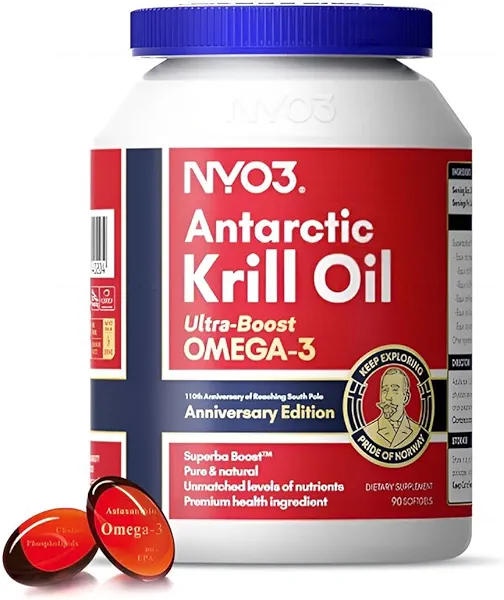 NYO3 Krill Oil Omega 3 Supplement 1000mg 90 Softgels EPA & DHA, Pure Antarctic Krill Oil with Astaxanthin and 56% Phospholipids Laboratory Tested