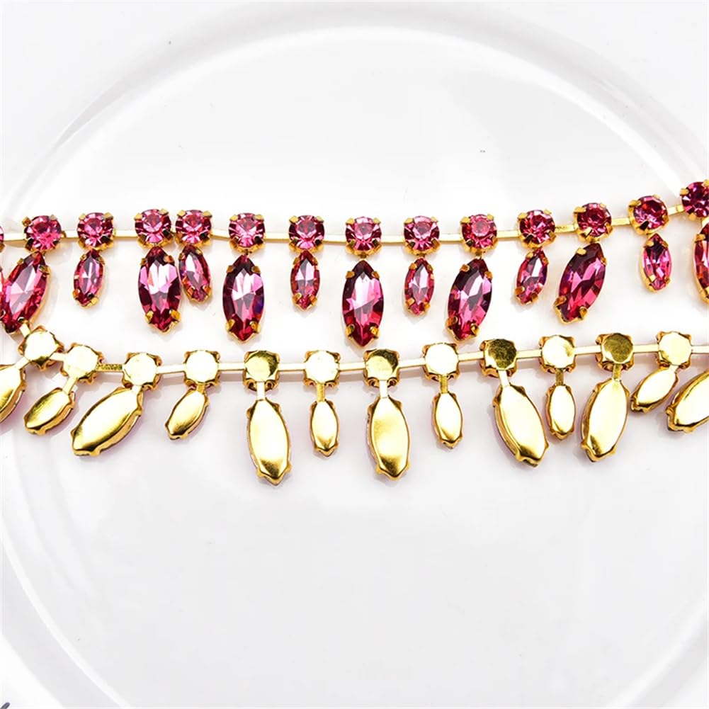 catena decorativa di perforazione d'acqua, Applique con catena marquise a forma di fiore con base in oro e strass di cristallo multicolore(Fancy rose color)