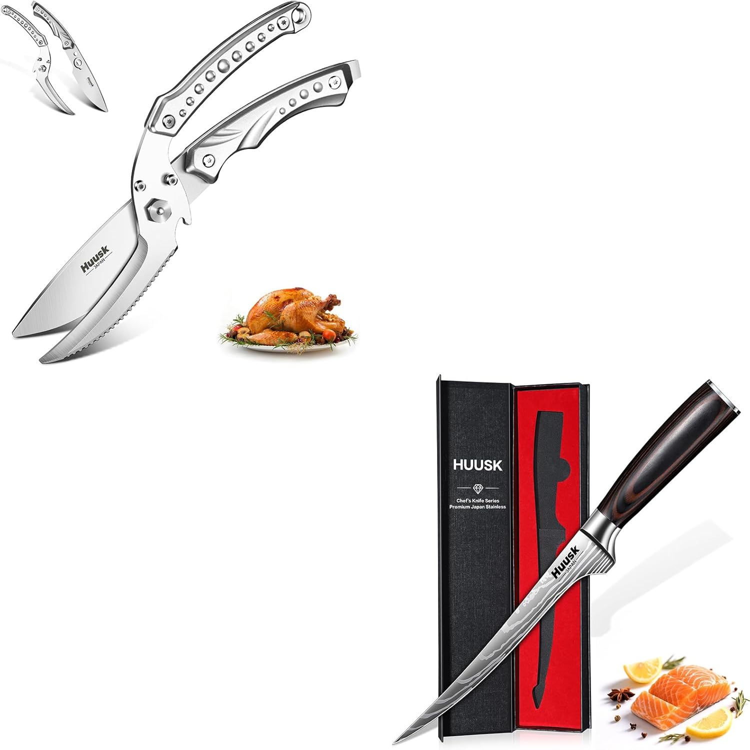Huusk Filet Knife for Fish - 7 Inch Fish Fillet Knife Bundle with All Purpose Poultry Shears,Flexible Boning Knives for Meat Cutting, Professional Japanese Fishing Knives for Meat Poultry Cutting