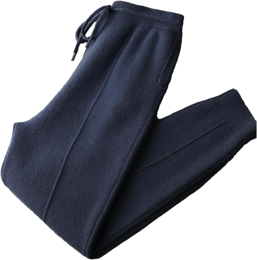 Men’S Merino Wool Pleated Front Knit Pants High Waist Korean Style Ankle-Length Casual Drawstring Trousers