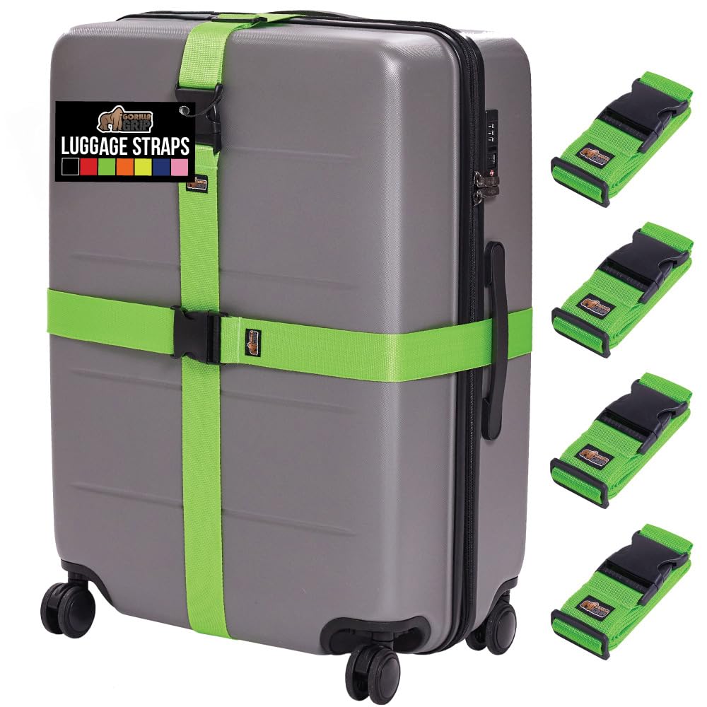 GORILLA GRIP Heavy Duty 4 Pack Adjustable Luggage Straps for Suitcases, Easy to Identify Travel Belt Connector Holds Suitcase Together, Extends Life of Bag, Strap Connects Two Bags, Accessories Green