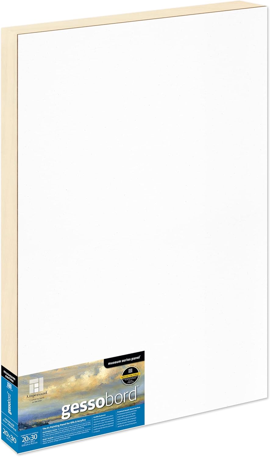 Ampersand Art Supply Gesso Wood Painting Panel: Museum Series Gessobord, 20 x 30, 1-1/2 Cradled Profile