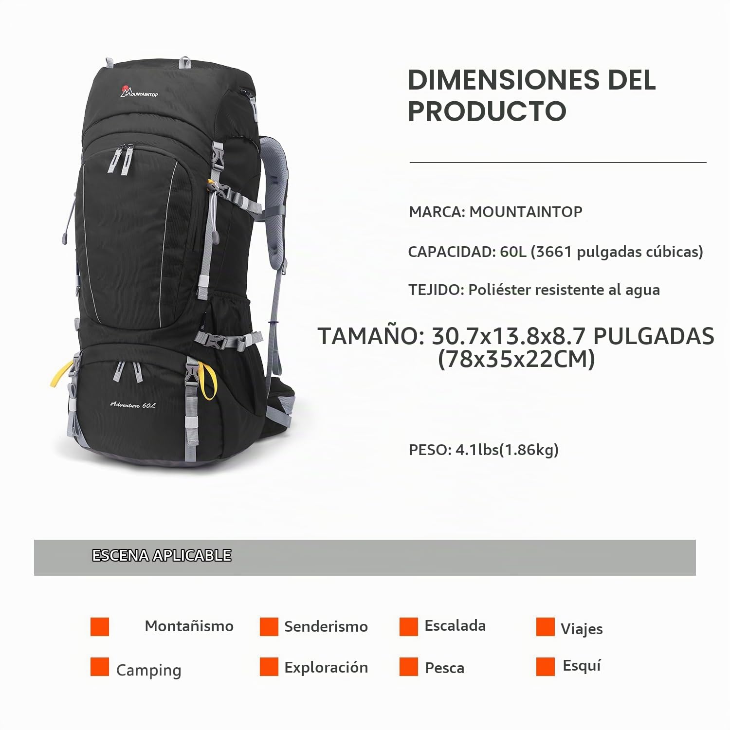 MOUNTAINTOP Mochila Trekking 60L Hombre Mujer Funda Lluvia | Diseñada para trekking montaña y viajes largos, cremalleras YKK, soporte lumbar cinturón acolchado