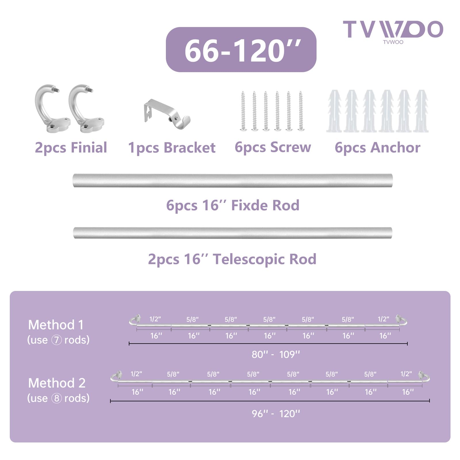 TVWOO Wrap Around Curtain Rods,Silver?áCurtain Rods?á66?áto?á120?áInch,5/8 Inch Adjustable Blackout Curtain Rod Set,Room Darkening Single Window Rod,Metal?áThicken?áHidden Curved Drapery Rods?á66-120",Silver