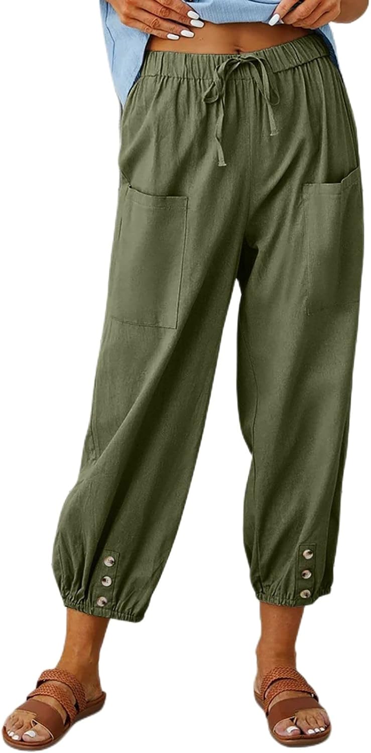 Womens Capri Pants Drawstring High Waist Tapered Pants Casual Lightweight Loose Trousers Buttons Trim with Pockets