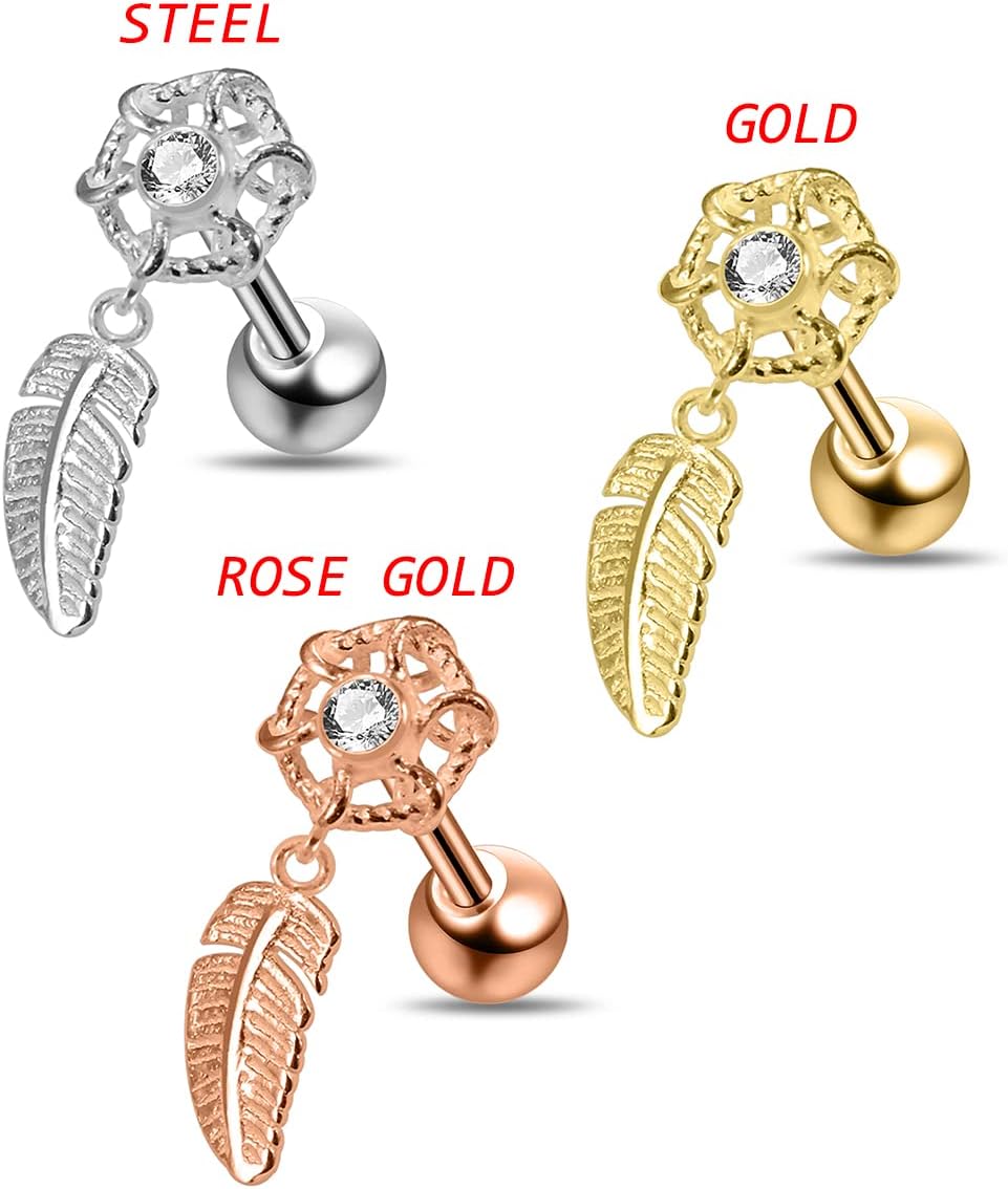 Single Leaf Dream Catcher with CZ Stone Design Top 16 Gauge 316L Surgical Steel Tragus - Cartilage - Helix - Conch - Stud Piercing Jewelry