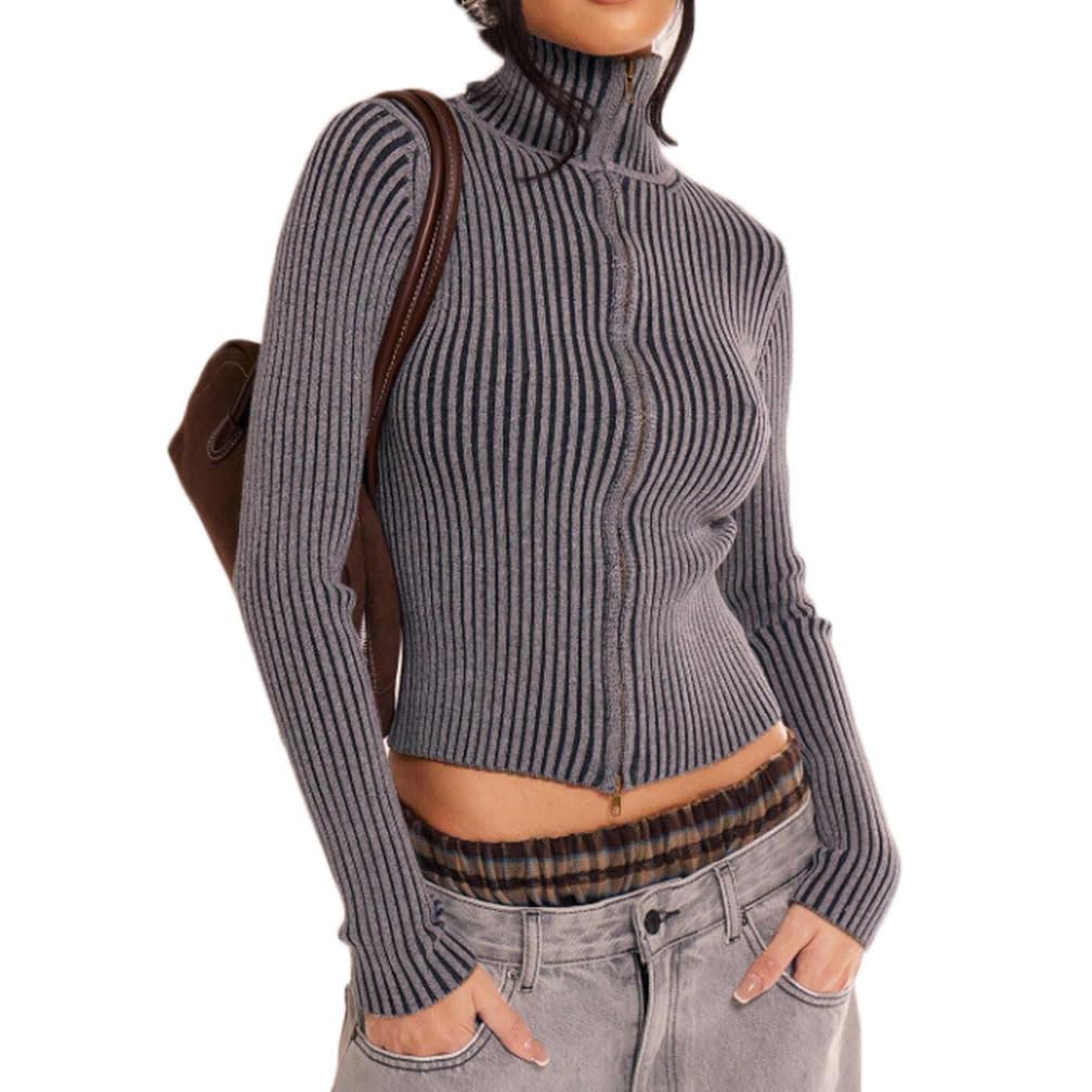 Women Y2k Turtle Neck Zip Up Crop Cardigan Fall Trendy Slim Fit Long Sleeve Open Front Ribbed Knit
