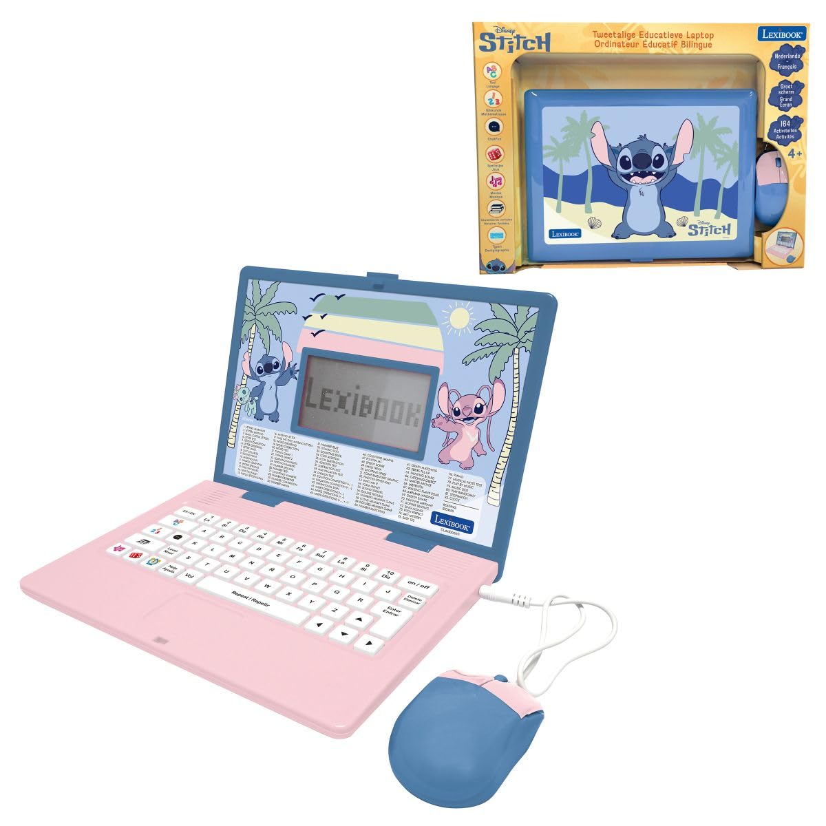 LEXIBOOK, Disney Stitch, Portátil Educativo Bilingüe, Español e Inglés, 164 Actividades, Matemáticas, Juegos de Lógica, Modo Música, Gran Pantalla LCD, Diseño Disney Stitch, Rosa/Azul, JC601Di2