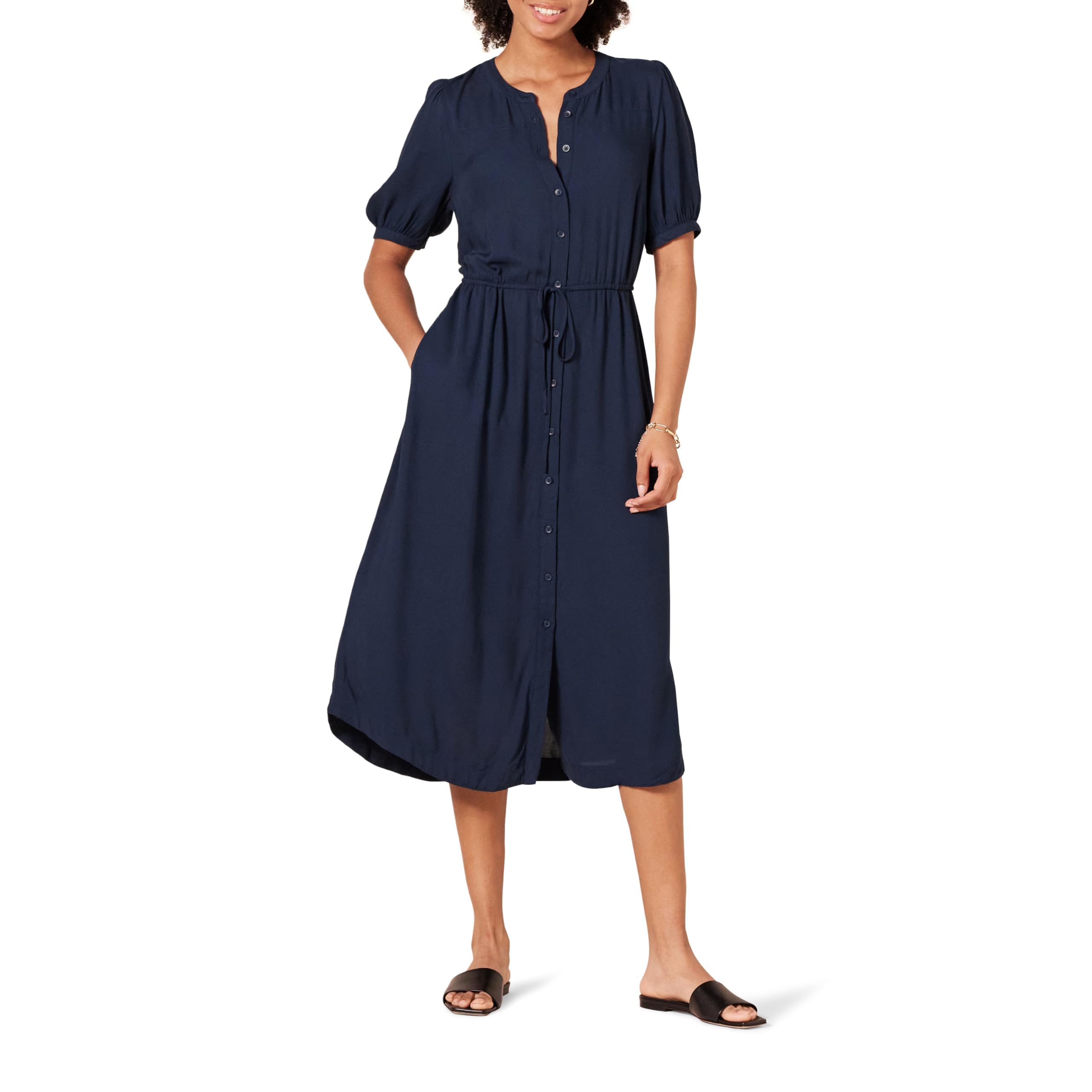 Amazon Essentials Vestido evasé Midi Ajustado en la Cintura de Corte Holgado con Media Manga Mujer