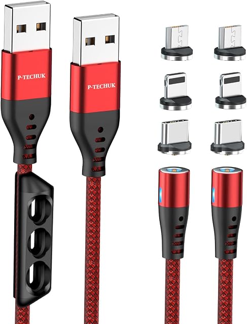 P-TECHUK 360° Magnetic Charging Cable, Phone Magnetic Charging Cable, Nylon Braided Magnetic Cable, Magnetic charger cable. (2 x 1M cable, 6 tips, 1 x tip holder) A2