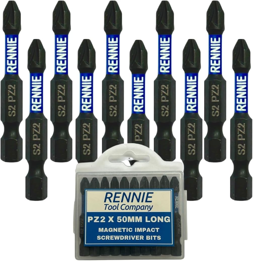 10 x Rennie Tools 50mm Long PZ2 Impact Screwdriver Driver Bits Set