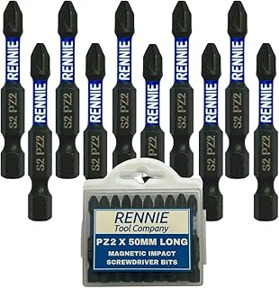 10 x Rennie Tools 50mm Long PZ2 Impact Screwdriver Driver Bits Set. Heavy Duty PoziDriv POZI No.2 Magnetic Screwdriver Bit Set. PZ2 Impact Driver Bits Pozidrive Screw Accessories. Black Oxide Coated