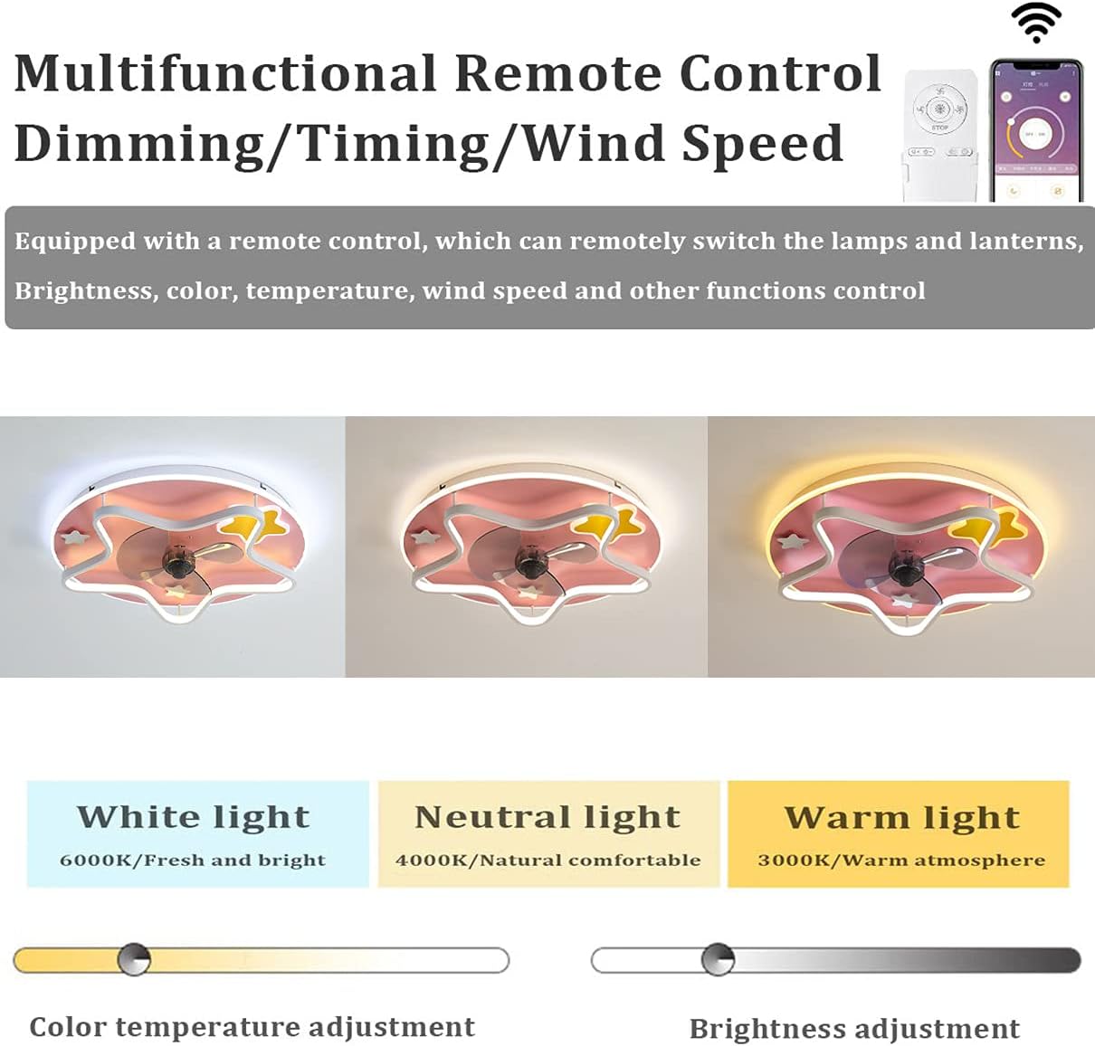 YUEGOO Ceiling Fans with Lamps,Led Kids Ceiling Fan with Light and Remote Control Silent 3 Speeds Bedroom Dimmable Fan Ceiling Light with Timer Ultra-Thin Modern Living Room/Pink