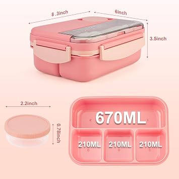 Box Lunch Box,1300ml Bento Lunch Box for Adults and Kids,Lunch Container with 4 Compartments,, 4-in-1 Meal Prep Container with Fork & Spoon, Microwave Dishwasher Safe Available (Beige) (Pink)
