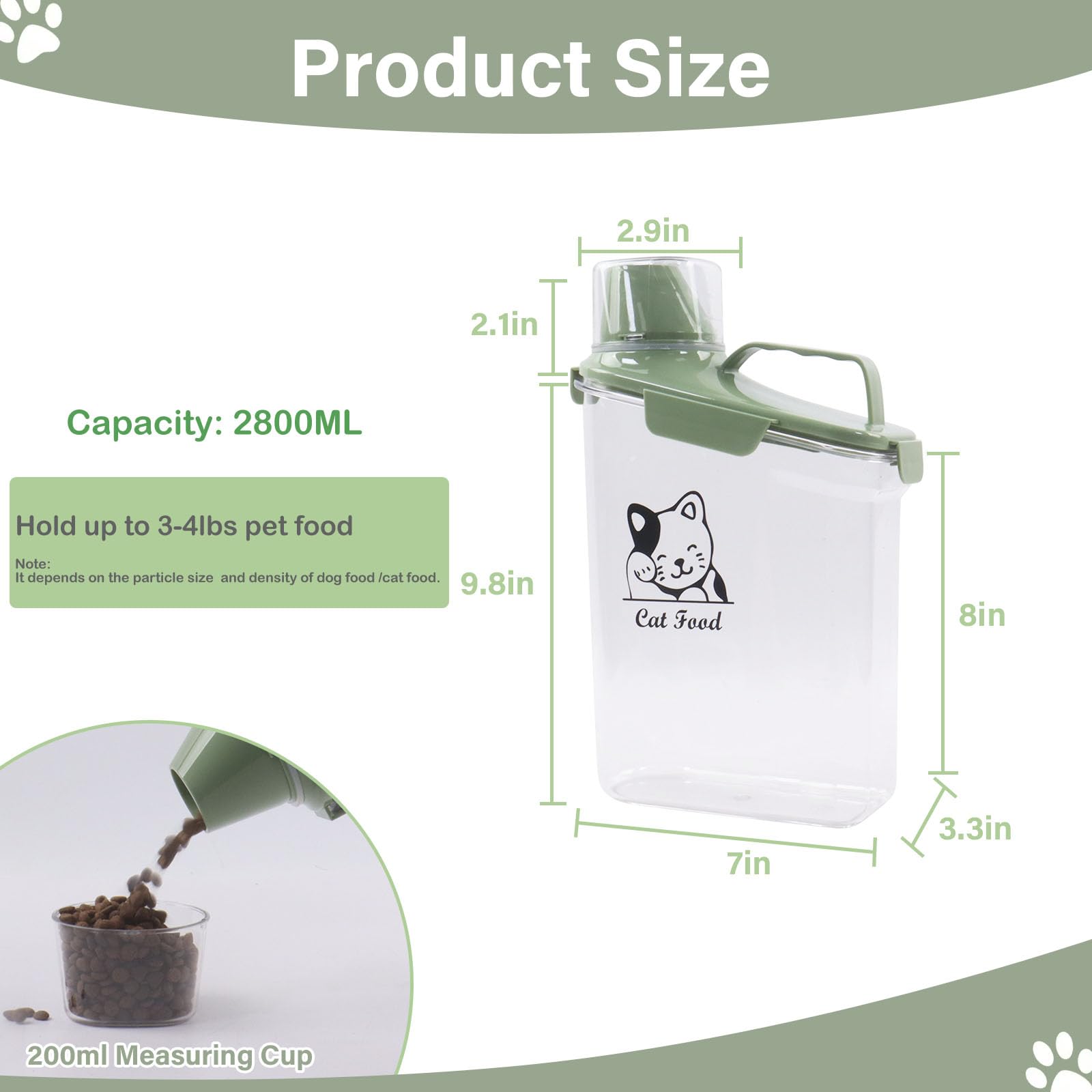 Boîte de rangement nourriture chat 2,8 l, récipient transparent pour croquettes chat chien avec gobelet doseur, bec verseur étroit et poignée portable, boîte à croquettes pour maison et voyage, Vert