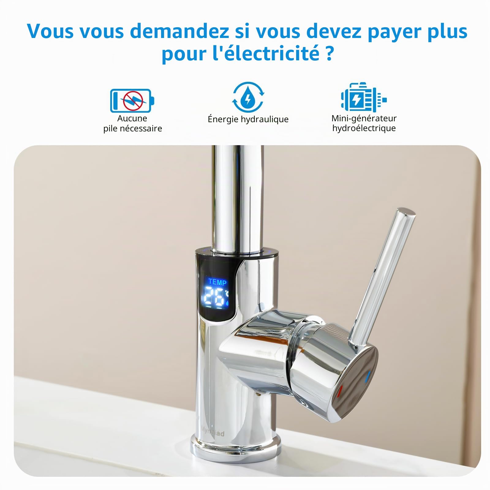 Robinet Salle de Bain Mitigeur Lavabo écran LED Temp, Douchette
