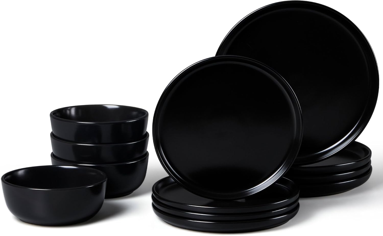 LIANYU 12 Piece Porcelain Dinnerware Sets for 4, Ceramic Durable Plates and Bowls, Chip and Scratch Resistant Dishware Dishes Set, Dishwasher & Microwave Safe Stoneware Set, Black Onyx