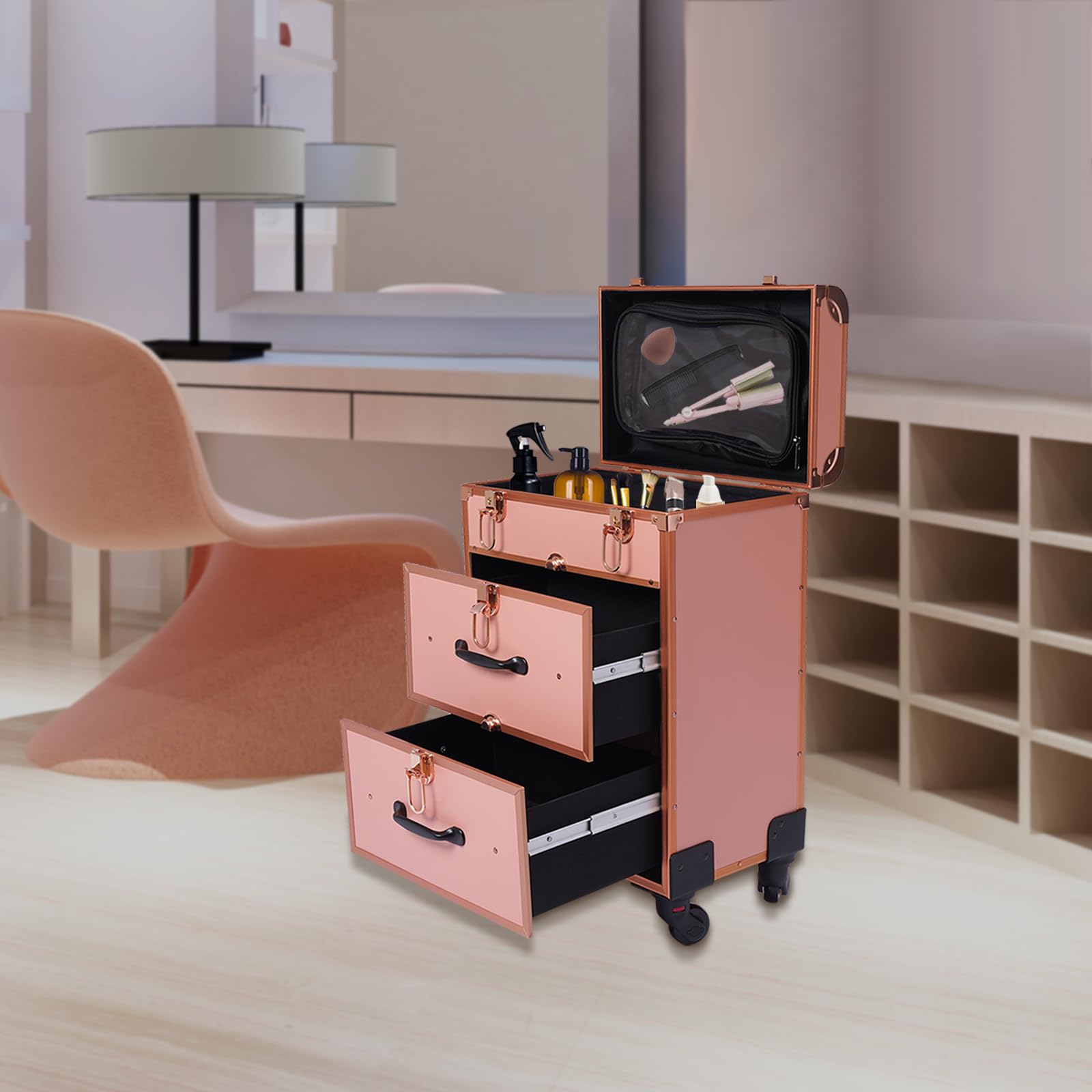 Schminkkoffer Kosmetikkoffer Aluminium Koffer Trolley, Kosmetik Trolley Mit Schublade Mit Rollen, Ufbewahrungsorganizer Für Kosmetikartikel Für Unterwegs, Make-up/Nageldesign/Haarstyling (Roségold)