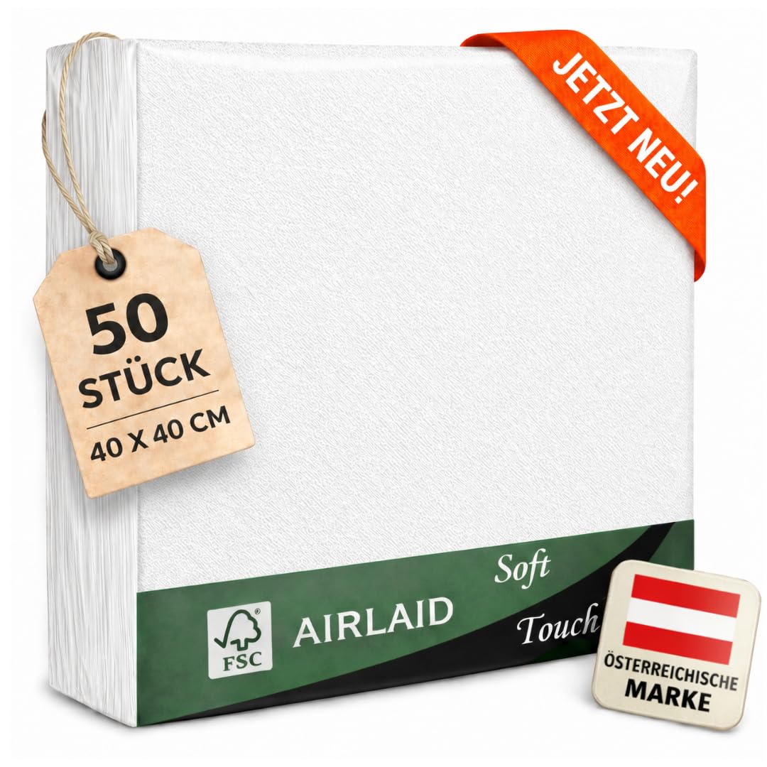 EV® Airlaid Servietten - 50 Stück, Weiß (40 x 40 cm) - Stoffähnlich | Stilvolle Tischdeko - Einfarbig, Saugstark & Elegant - Ideal für Hochzeit, Geburtstage & Feste
