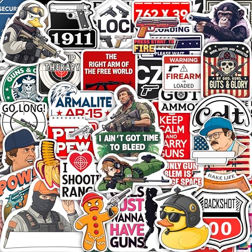 100Pcs Firearm Stickers and Decals Gun & Tactical Stickers Pack- Military Decals - Firearm Party Decorations - Gift for Women & Men