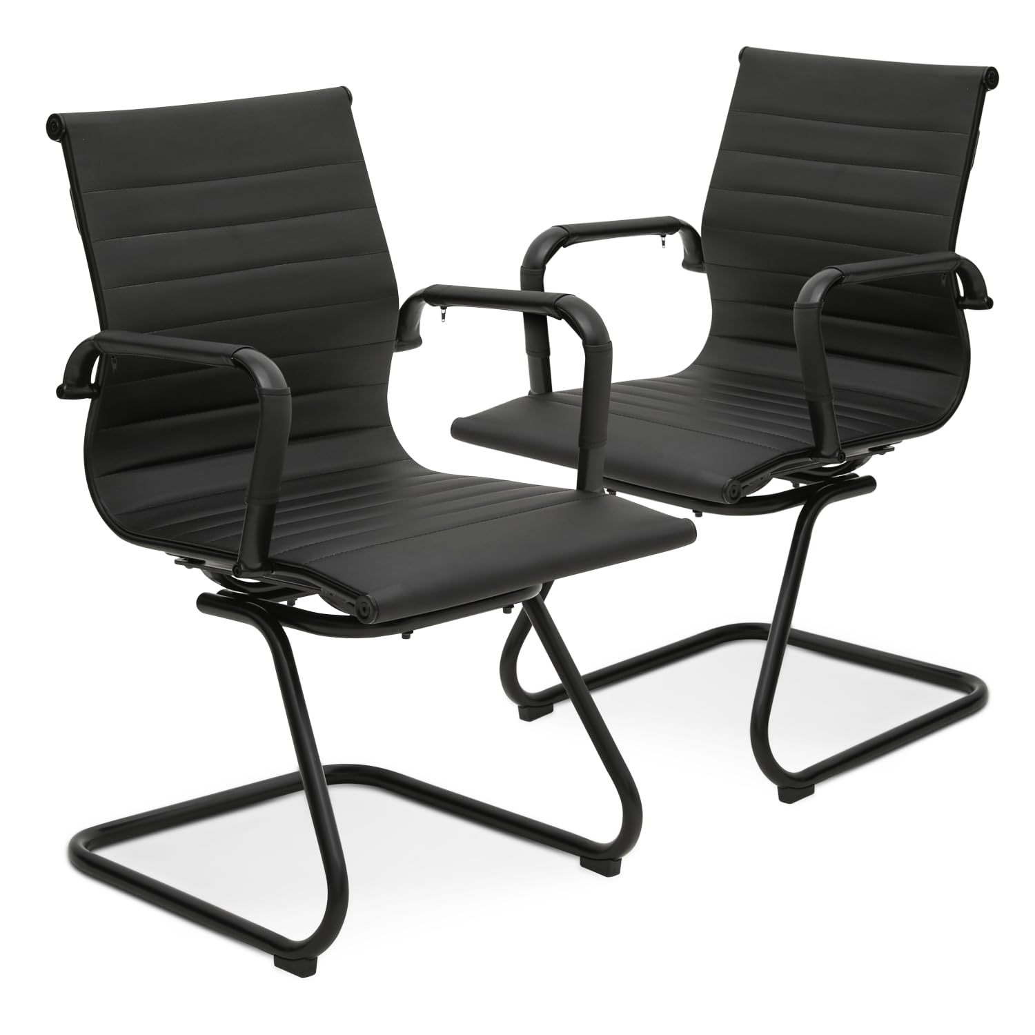 Magshion Office Reception Guest Chair with No Wheels, Mid Back PU Leather Waiting Room Chair with Metal Leg Sled Base and Arms for Conference Room (