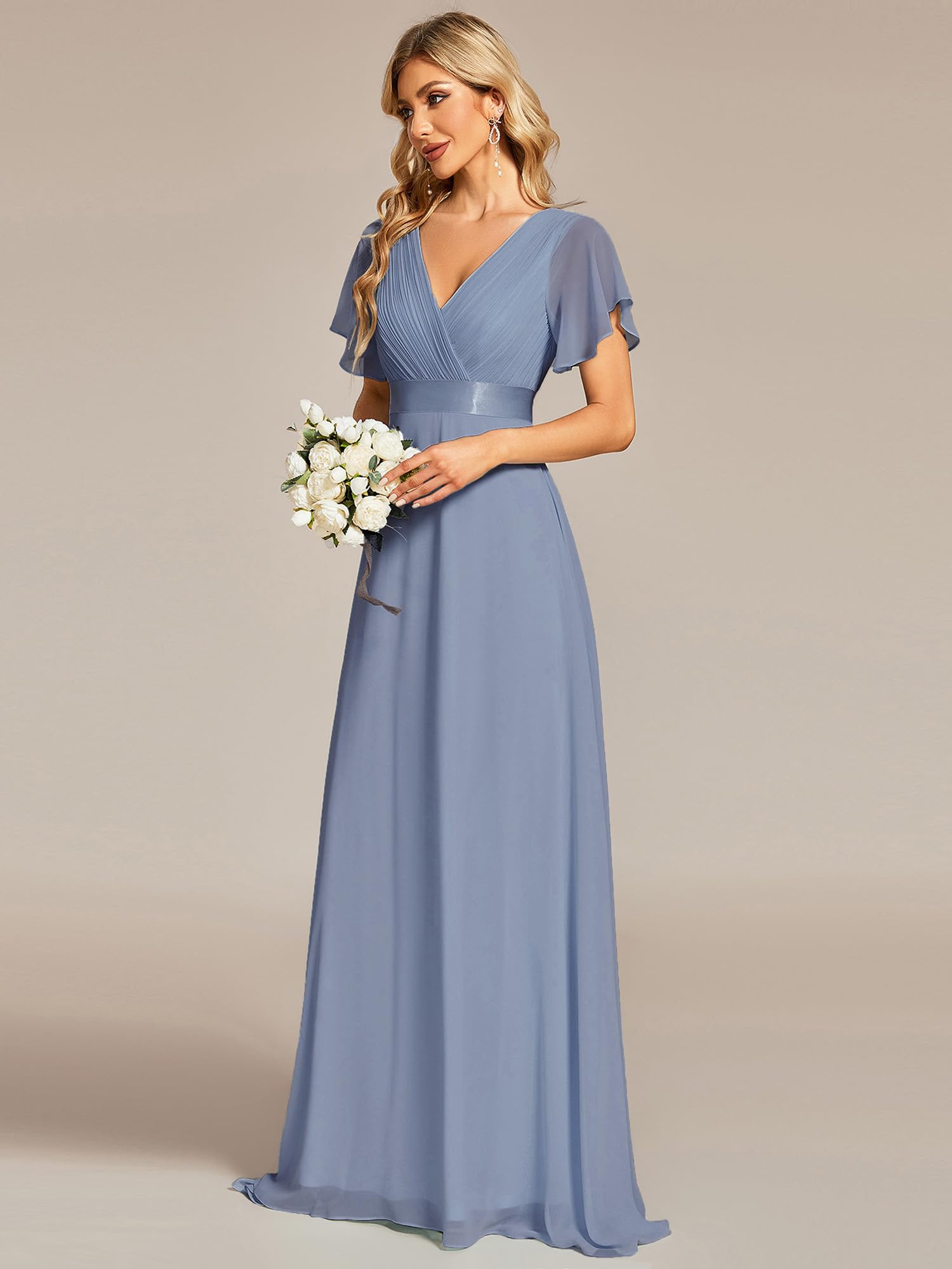 Ever-Pretty Damen Abendkleid Brautjungfer A-Linie Chiffon V Ausschnitt Bodenlang EP09890