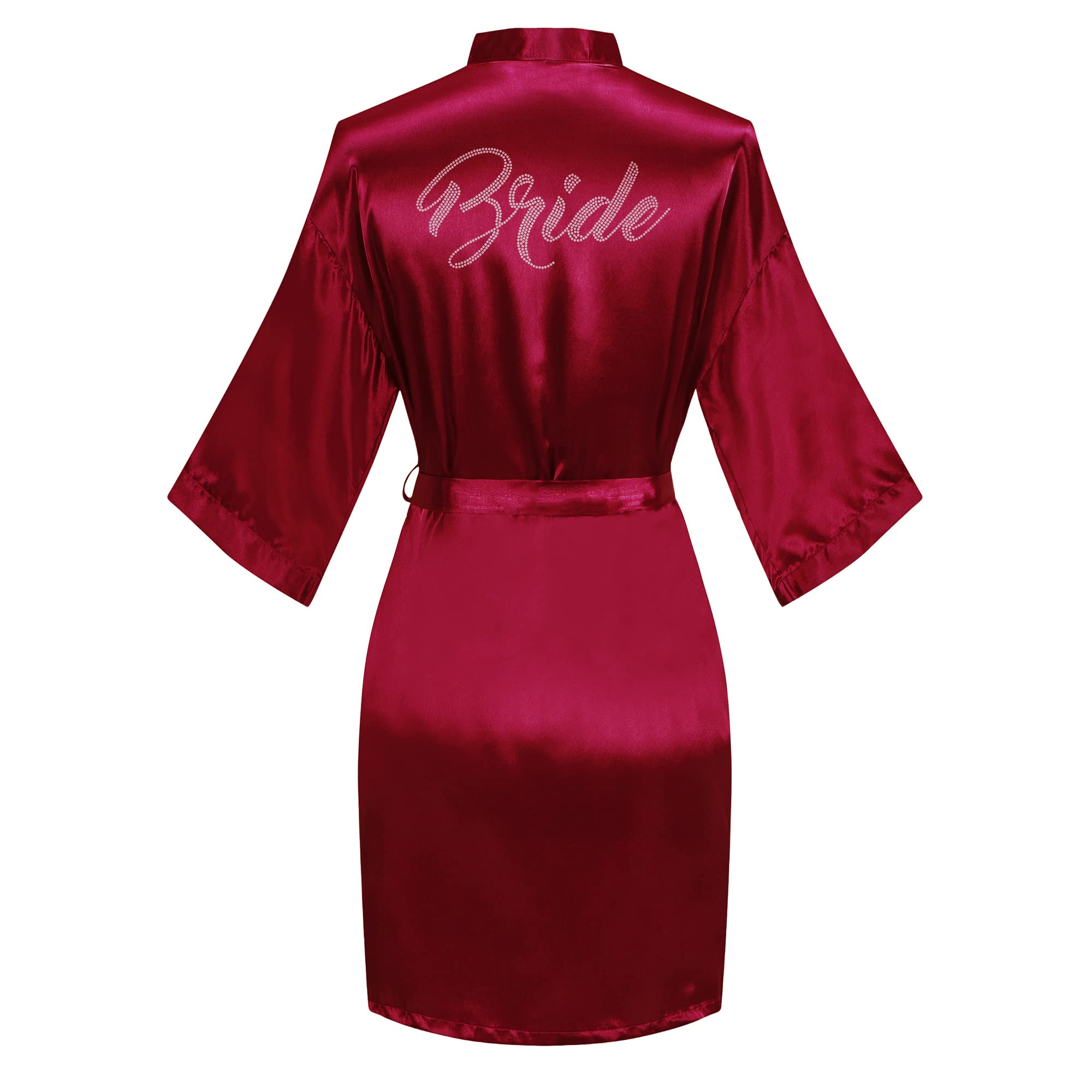 Women's Satin Robe Short Kimono for Bride &amp; Bridesmaid with Silver Rhinestones, Wedding Party Robes