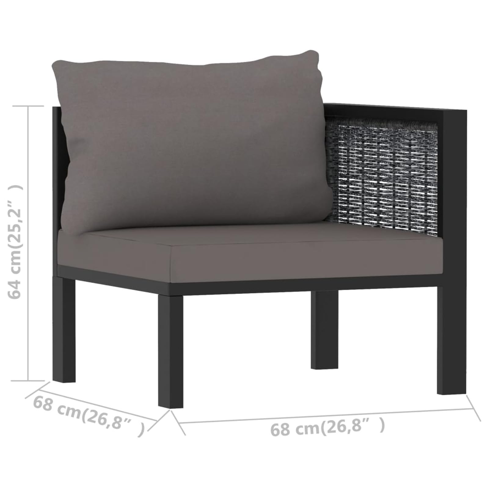 Divano Angolare in Polyrattan, Modulare con Bracciolo Sinistro, 68 x 68 x 64 cm, Alluminio e Tessuto in Poliestere, per Esterno e Interno