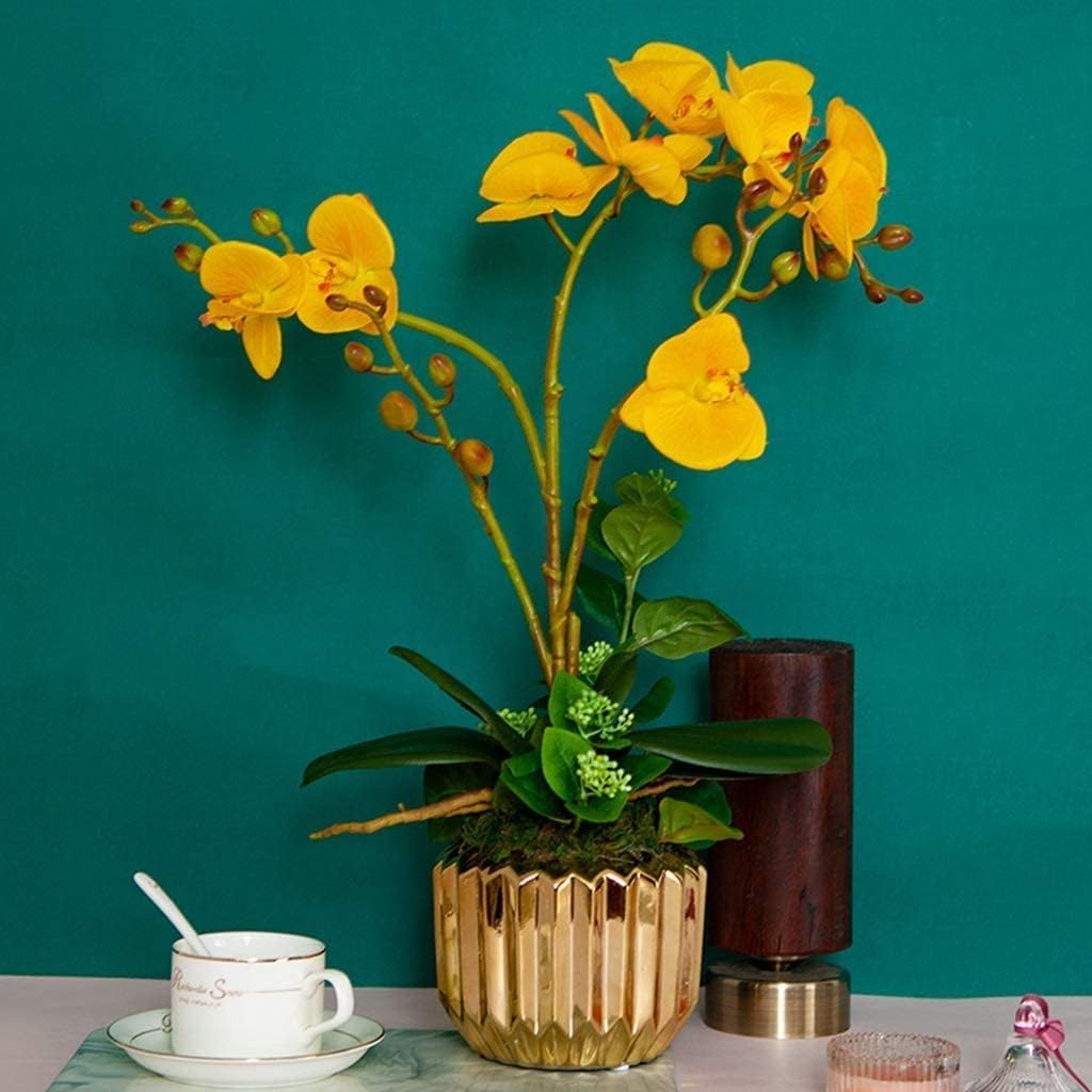 SDdPulse Orchidee artificiali finte con vaso dorato fiori artificiali in seta Phalaenopsis fiori artificiali 54 cm in vaso finta decorazione per la casa fiori finti molto naturali, giallo