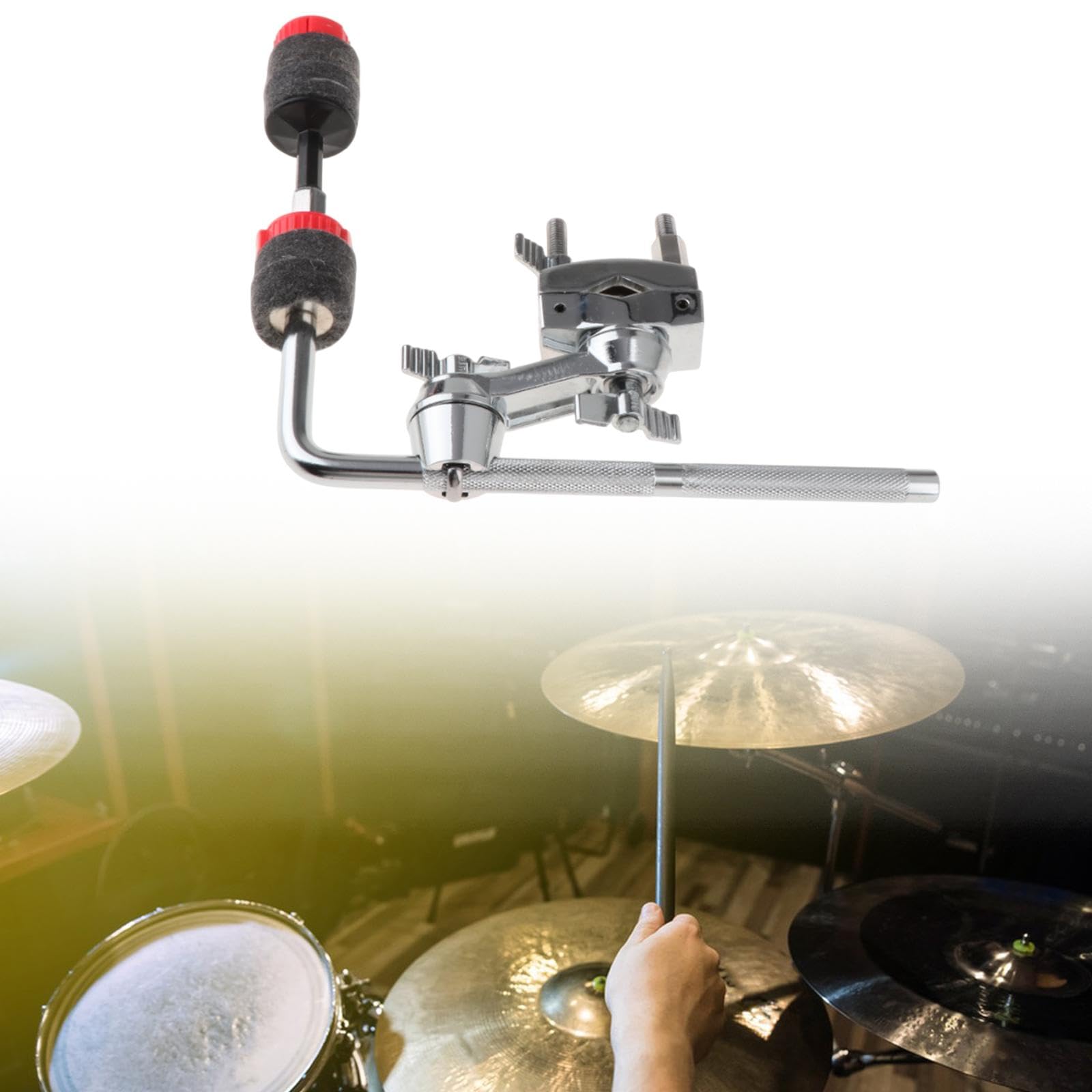 Jojomis Abrazadera de extensión de tambor con soporte de brazo de platillo, soporte de metal para platillos de tambor para instrumentos de percusión, brazo de platillo ajustable para cencerros