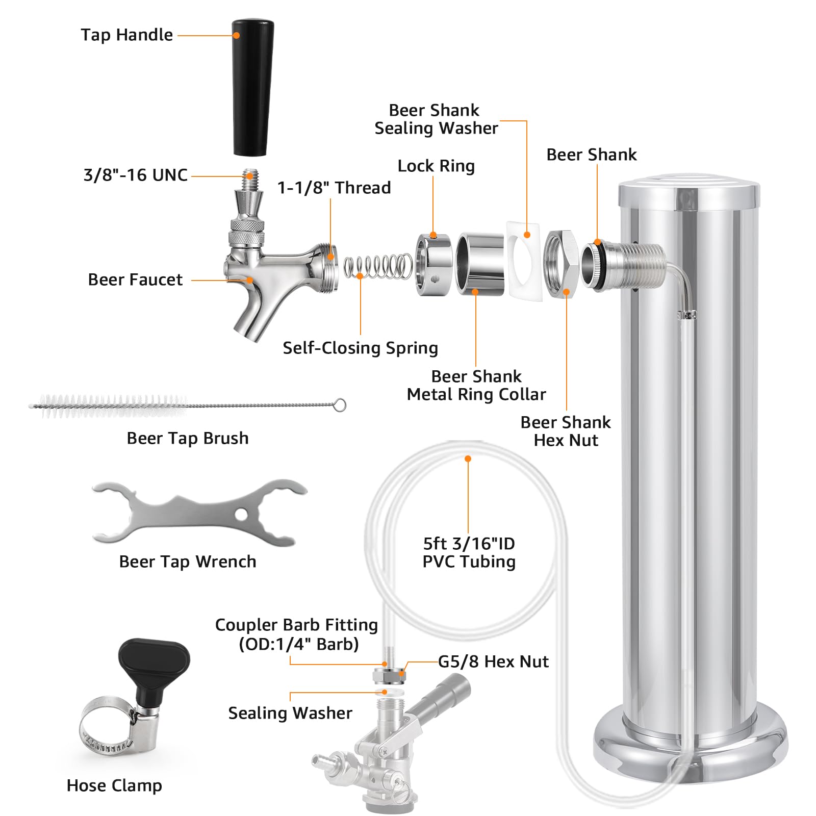Zapfhahn-Set für Fassbierleitung, Ersatzteile für Kegeratoren, Ersatz-Bierhahn für Bierturm-Zapfanlage, kein Auslaufen, 3/16 Zoll Bierleitung, Fasskupplung, Hahnschlüssel, Bürste und selbstschließen