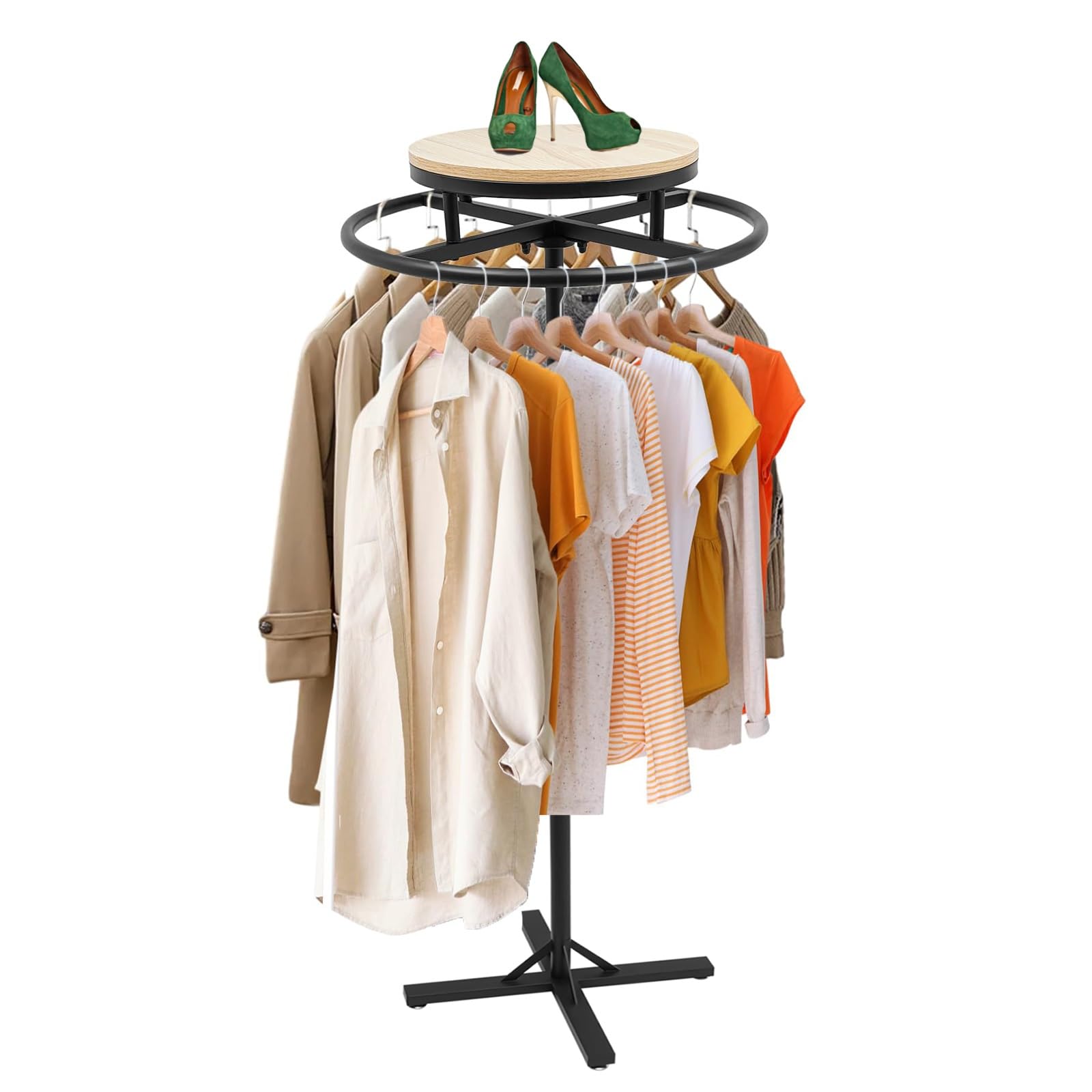 HPTHLY Rotatable Spiral Clothing Rack With Table – Freestanding Garment Display For Retail Stores, Boutiques & Fash Merching (Black)