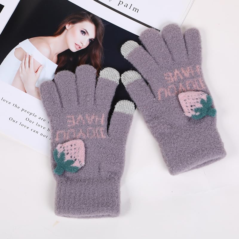 SMED Strawberry touch screen warm and cold-proof cycling cute girl plush wool knitted five-finger touch gloves2