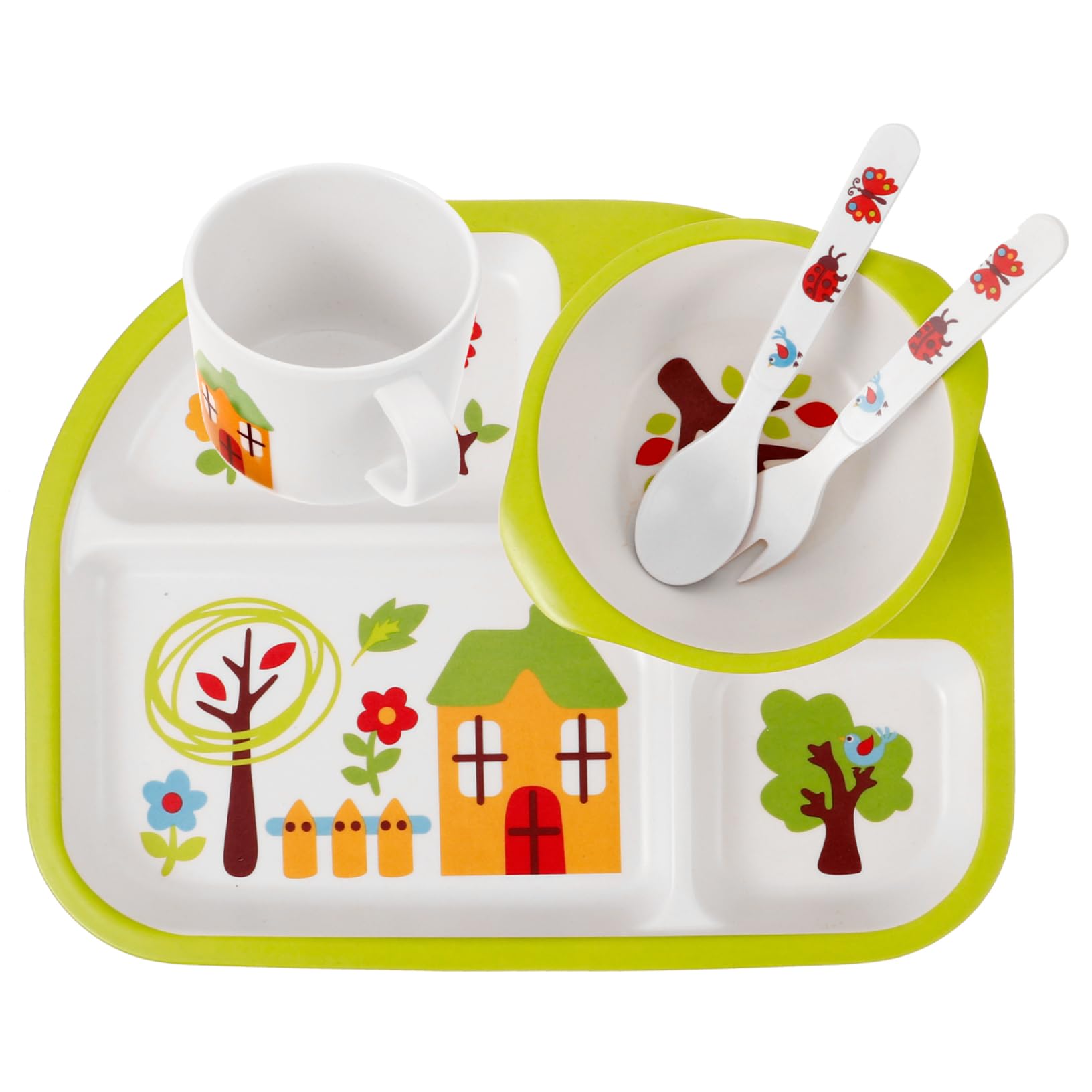 SUPVOX Bamboo Fiber Bowl Plate Set 5 Piece Baby Dinner Tray Drop-proof Baby Separate Plates Children Cutlery Safe for Boys and Girls