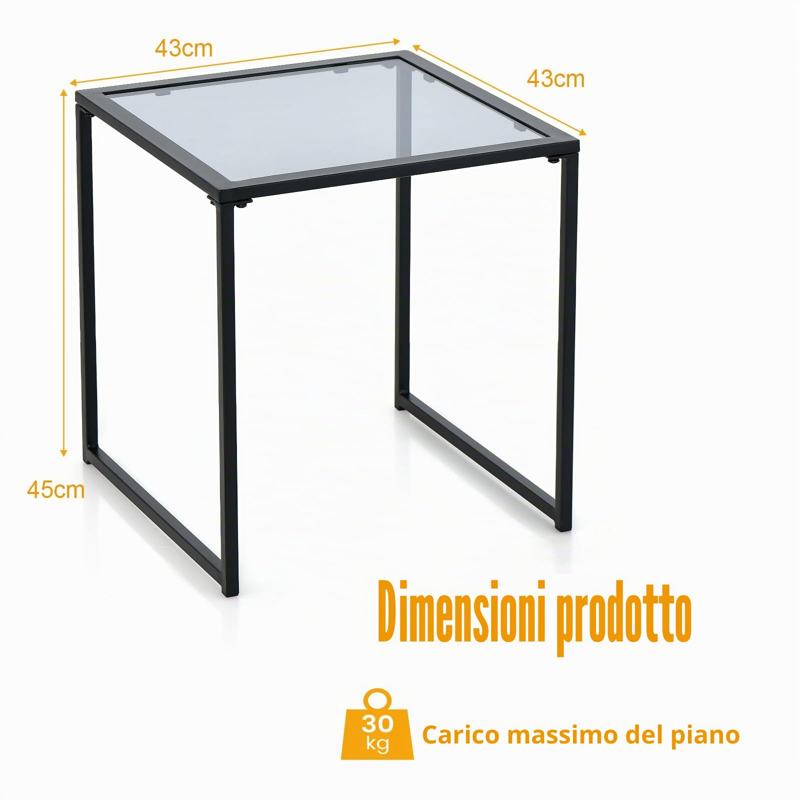 KOMFOTTEU Tavolino da esterno con piano in vetro temperato, tavolo basso, telaio in metallo, carico di 30 kg, tavolo laterale per patio, balcone, soggiorno, 43 x 43 x 45 cm, nero