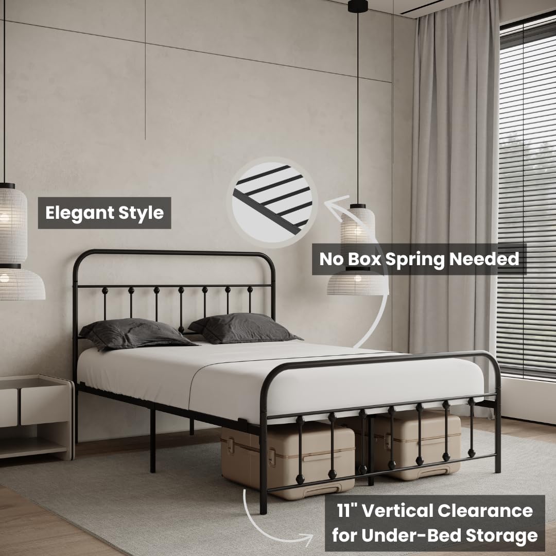 Golden Gate Beds Queen Metal Bed Frame with Headboard & Footboard – Sturdy Black Metal Bed Frame Queen, No Box Spring Required, Under-Bed Storage, Noise-Free, Easy Assembly
