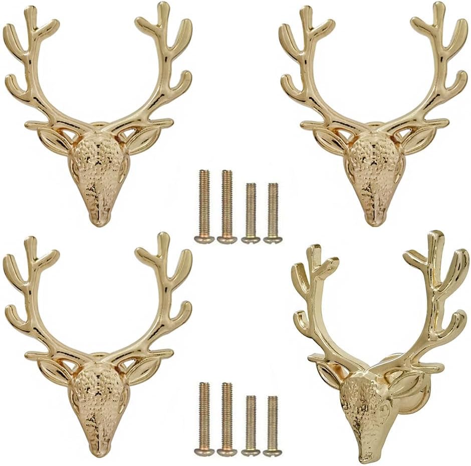 Deer Cabinet Knobs 4 Pack，Vintage Animal Elk Drawer Knobs Handle for Dresser Wardrobe Cupboard Kitchen Furniture Decorative Hardware Single Hole Metal Pulls (Gold)