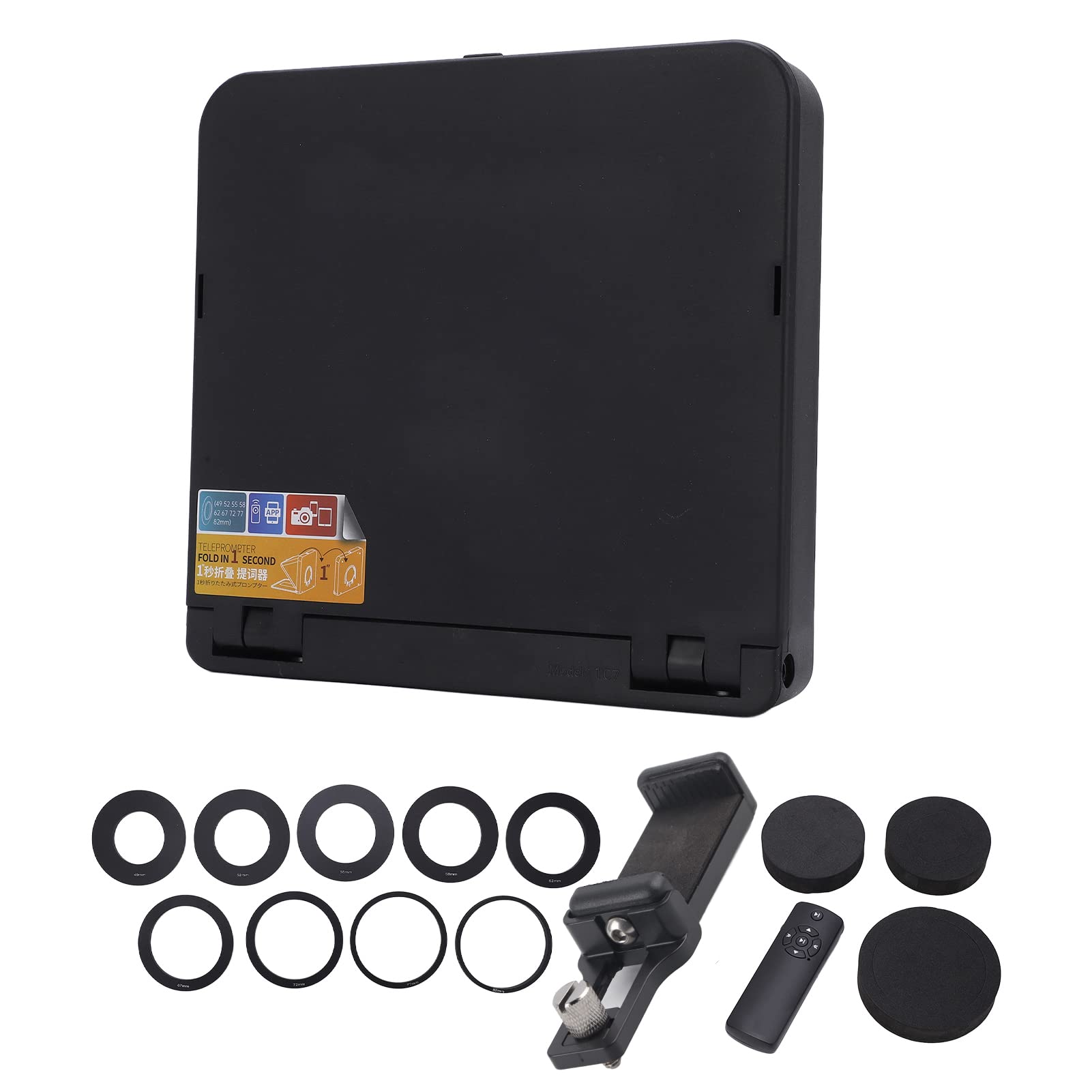 Bewinner Teleprompter con Telecomando, Teleprompter Portatile Pieghevole con Anello Adattatore da 49 Mm, 52 Mm, 58 Mm, 62 Mm, 67 Mm, 72 Mm, 77 Mm per Fotocamera SLR Tablet Smartphone