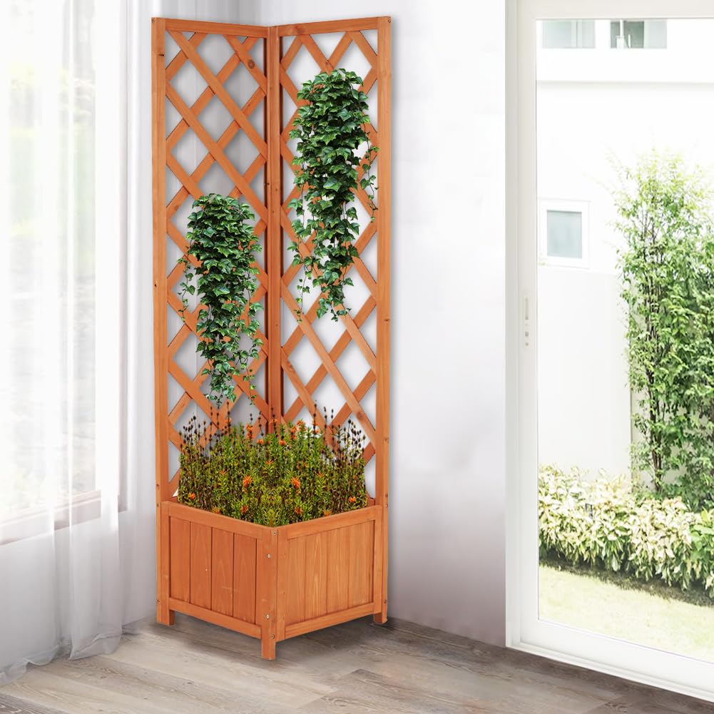 BAKAJI Macetero esquinero de Madera con celosía para Exterior y Exterior, para jardín, balcón, Patio, Resistente a la Intemperie, 40 x 40 x 145 cm