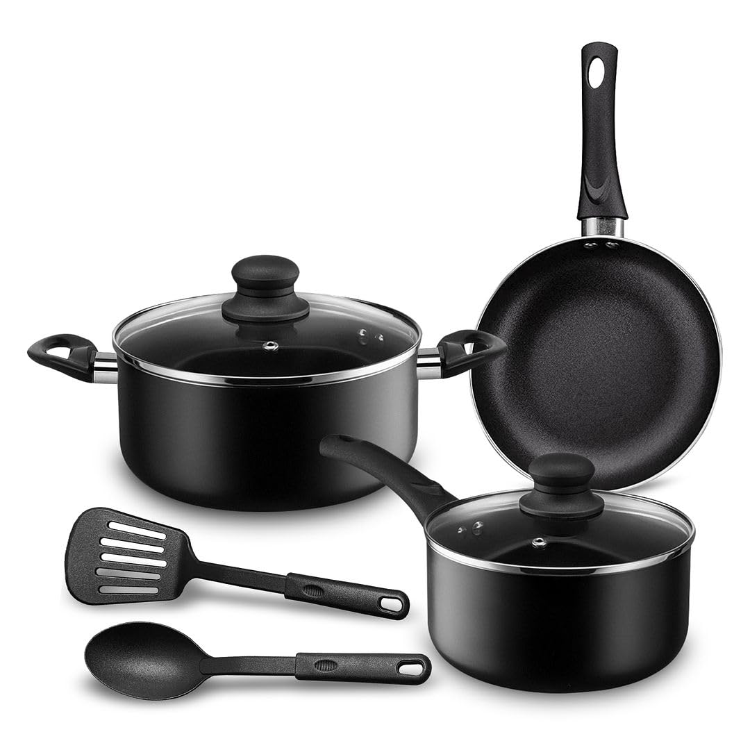 Chef's StarPots And Pans Set Nonstick, Kitchen Cookware Sets, Aluminum Cooking Essentials 7 Pieces Black